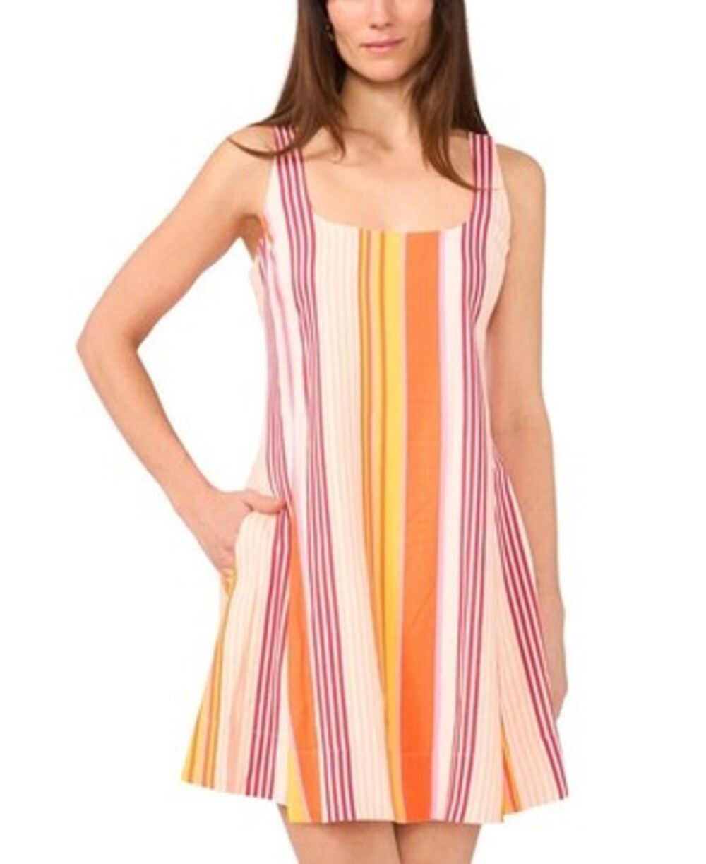 1.state Scoop Neck Linen Blend Mini Dress Women's M Peach Cream Striped Side Zip